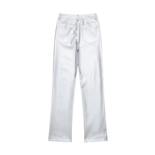 High Waist Straight Casual Wide Leg Leather Pants for Women