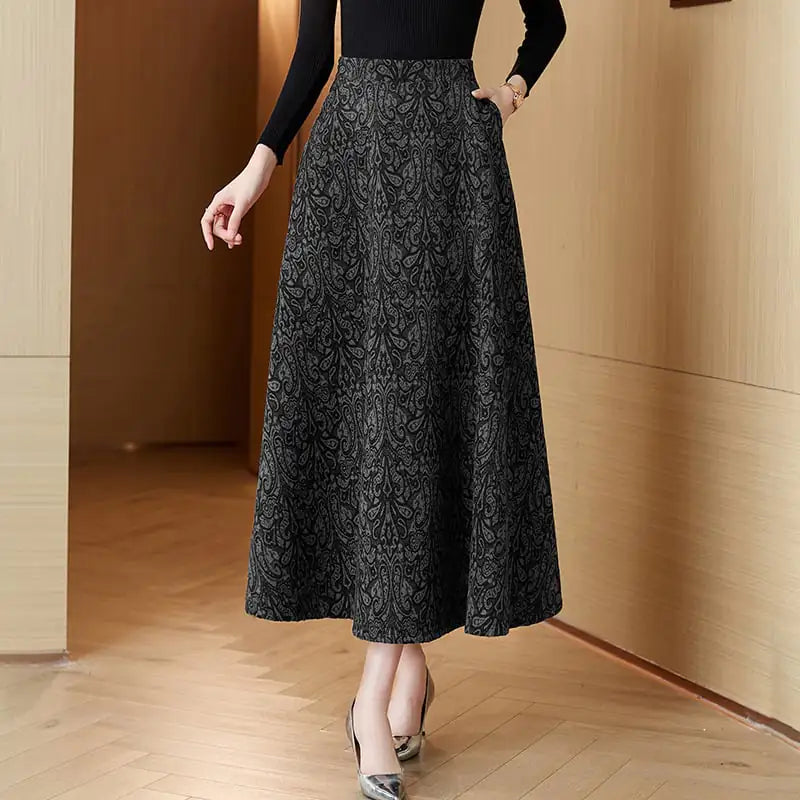 Woolen Jacquard High Waist Midi Swing Dress Skirt