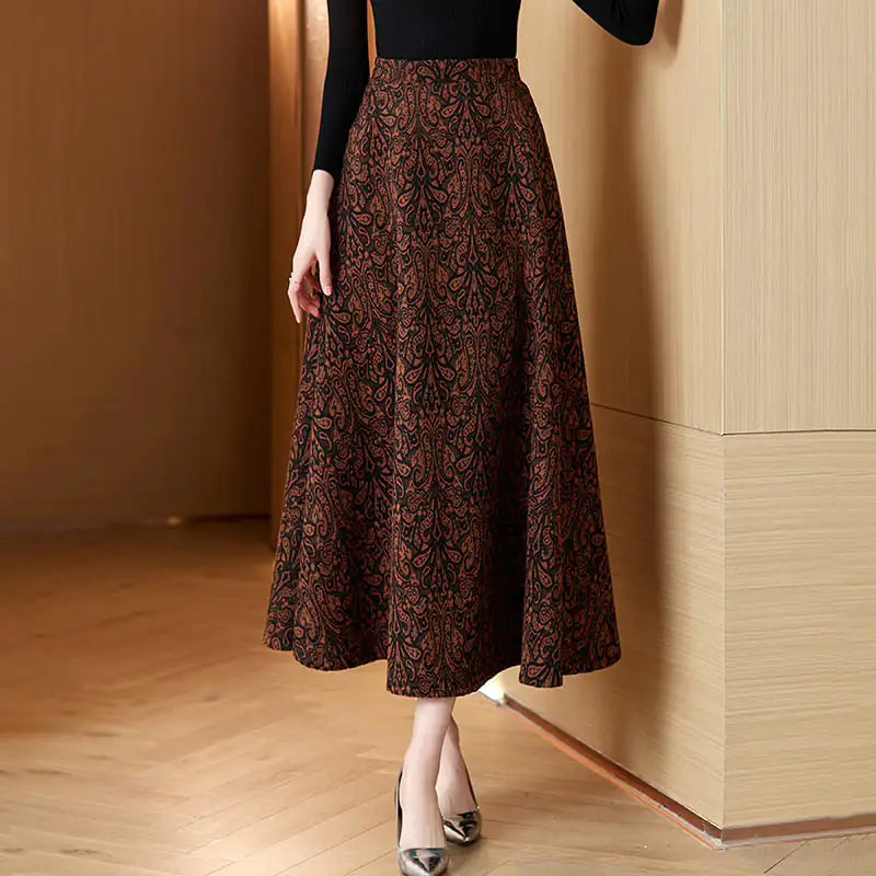 Woolen Jacquard High Waist Midi Swing Dress Skirt