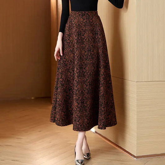 Woolen Jacquard High Waist Midi Swing Dress Skirt