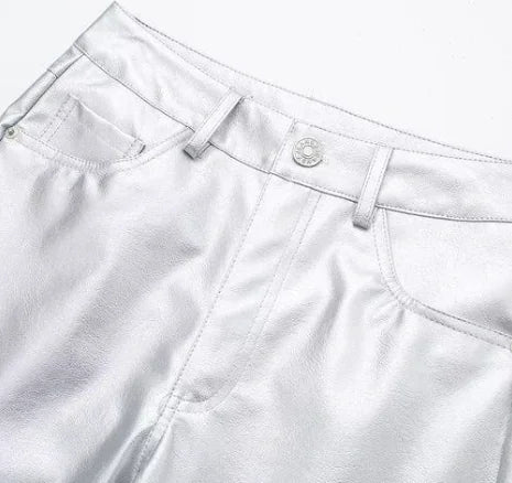 High Waist Straight Casual Wide Leg Leather Pants for Women