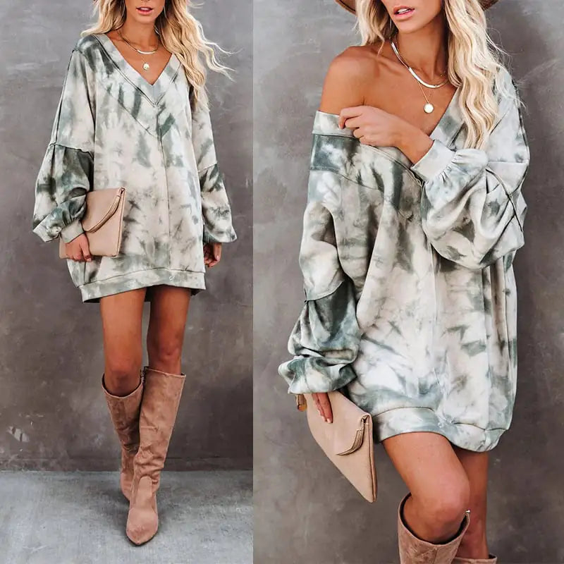 Tie-Dye Long-Sleeve V-Neck Casual Home Sweater