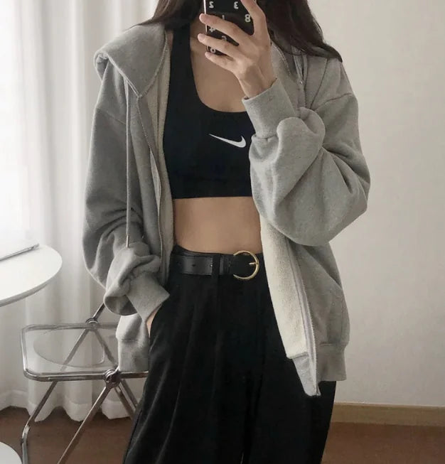 Gray Hooded Zipper Sweatshirt for Women (Fall/Winter)