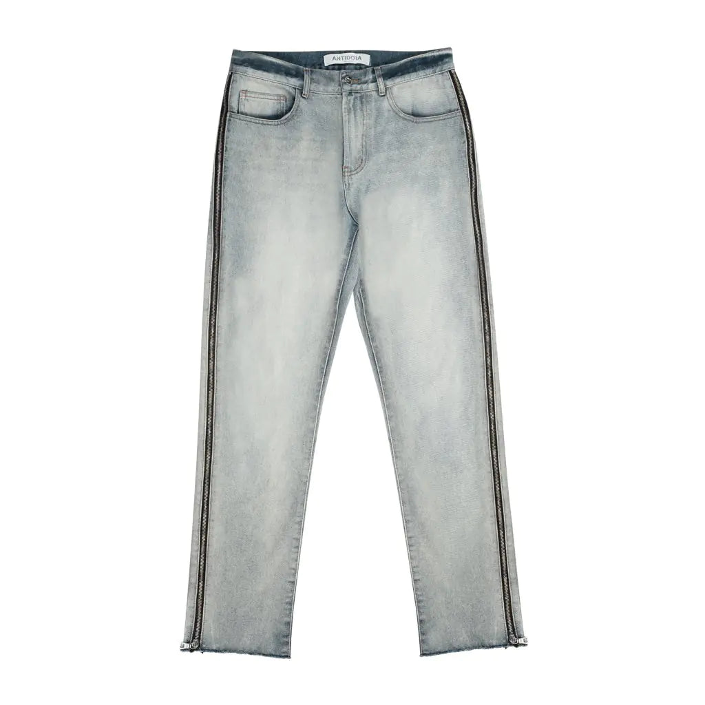 Raw Edge Washed Blue Zipper Straight Jeans for Summer